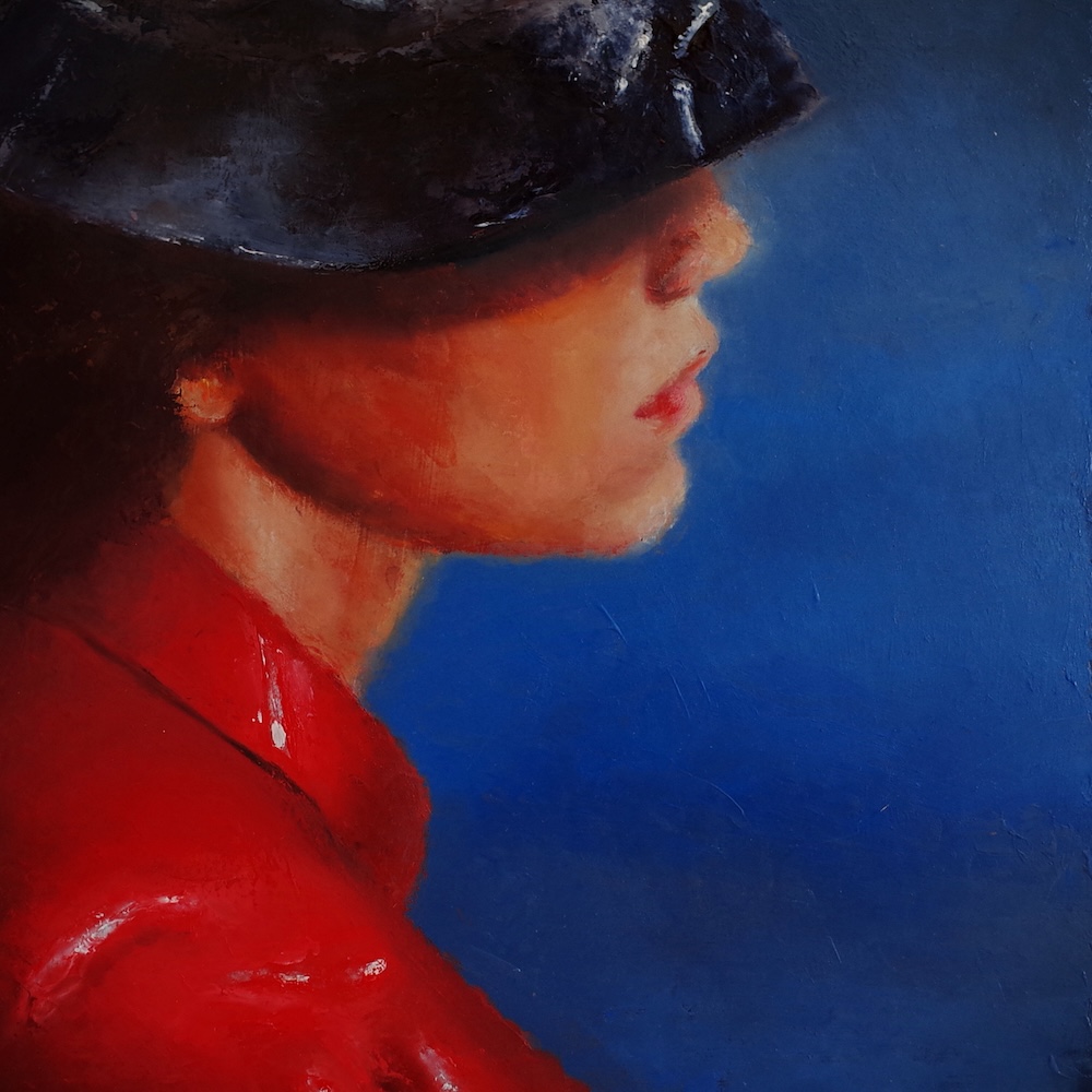 Painted portrait single artwork for Bess Atwell's song The Act, featuring a woman in profile wearing a dark hat and red top against a blue background.